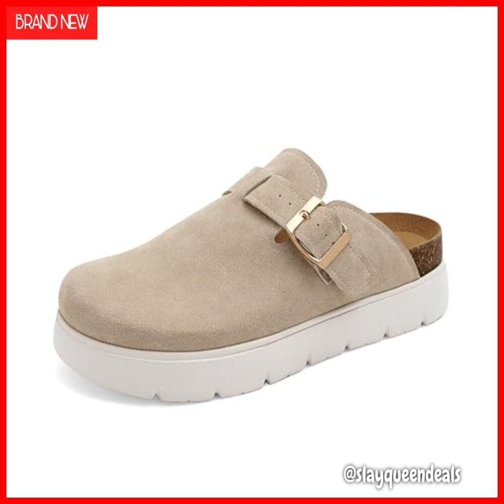 Platform Clogs Women Slip-On Cork Footbed Suede Leather Comfortable Mules - Picture 7 of 7